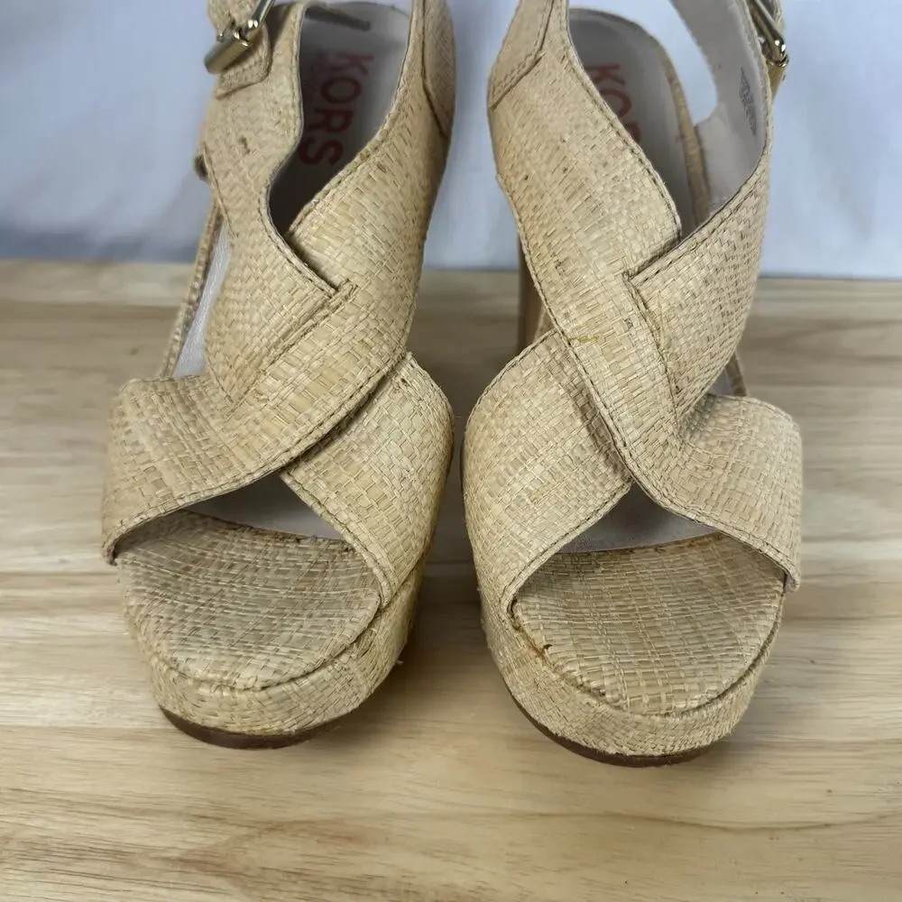 Michael Kors Dillon Raffia High Heel Sandals Women’s 8.5M Natural Slingback